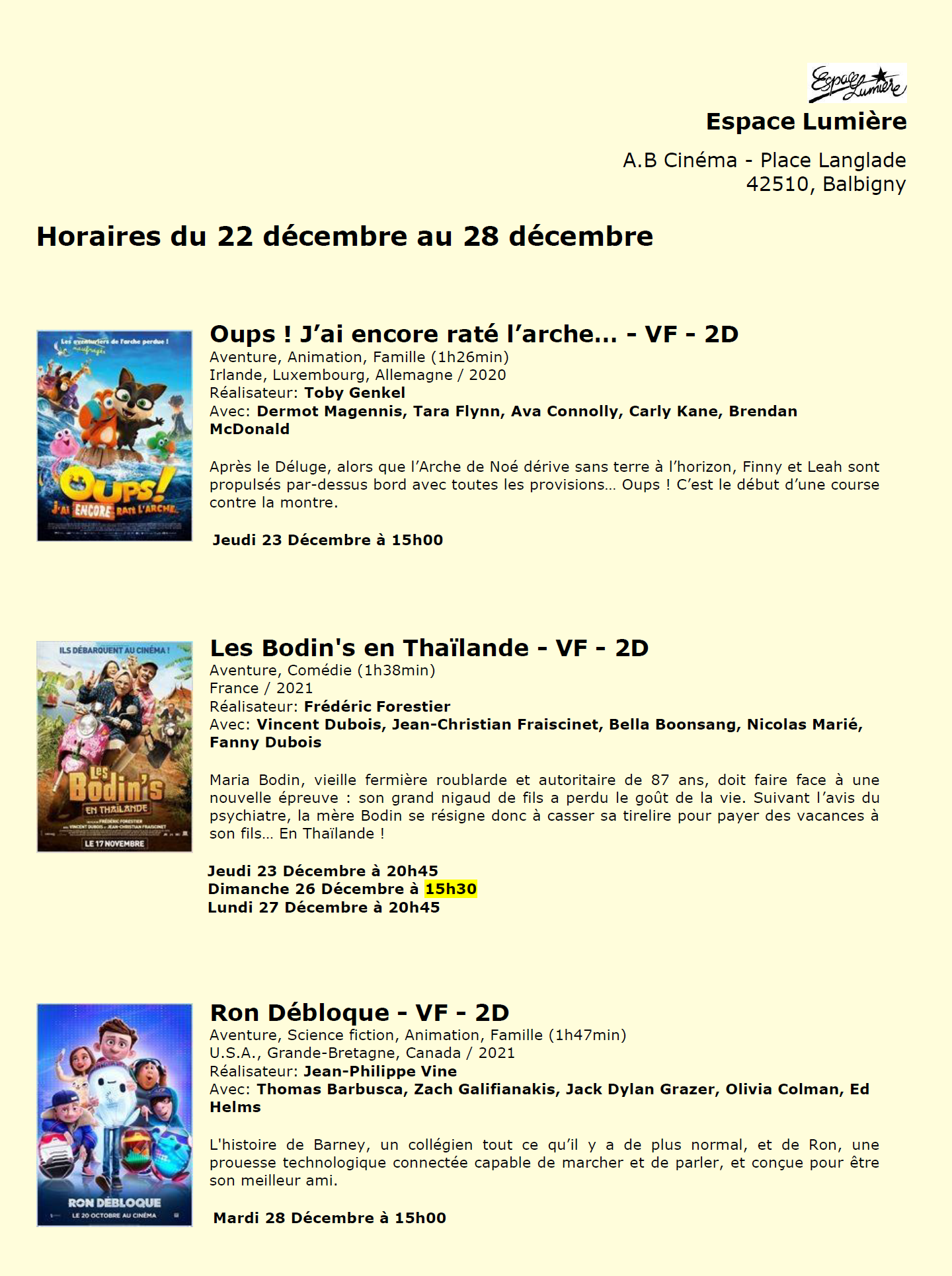 Programme Cinéma du 22 au 28 Décembre