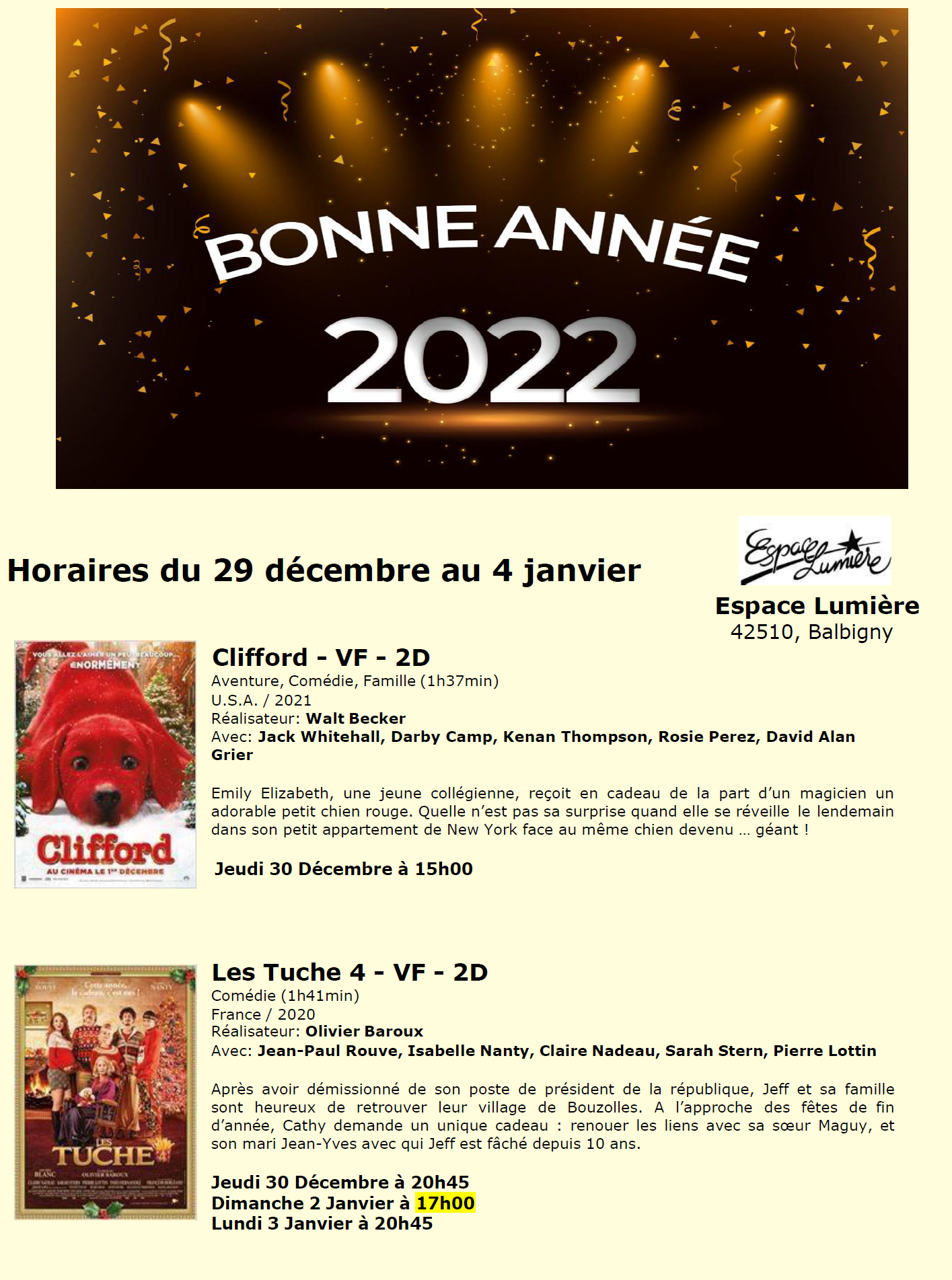 Programme Cinéma du 29 Décembre au 4 Janvier